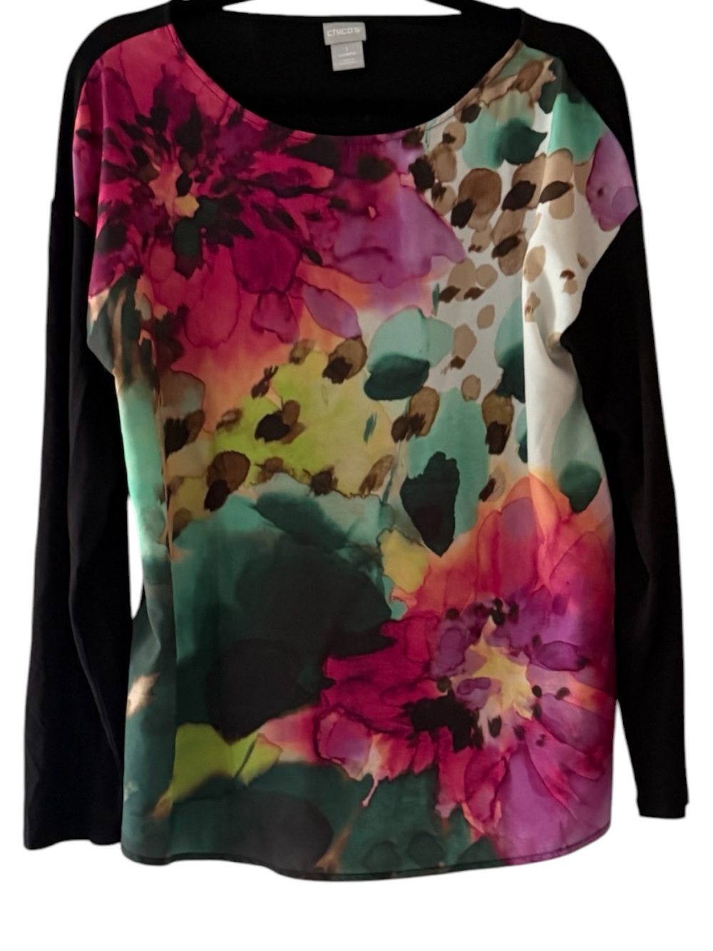 NWOT - Chico's Black-Sleeve Floral Watercolor Front Top - Magenta, Teal, Green
